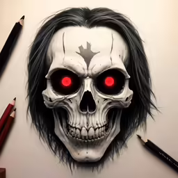 a drawing of a skull with red eyes and the maple leaf on its face