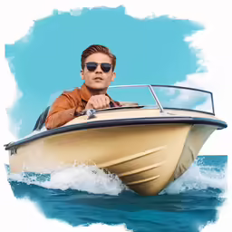 man driving speed boat in the ocean on blue sky background