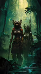 two people standing in the middle of a green jungle,two people walking in the woods holding spears