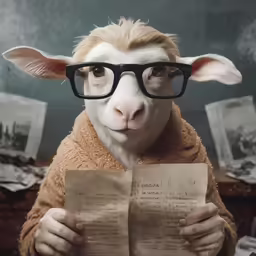 sheep wearing glasses holding up a book with a lot of writing on it