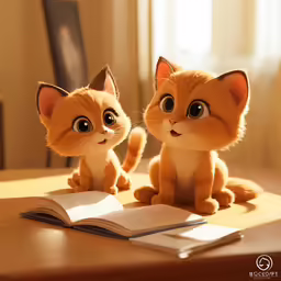 two tiny brown cats are next to an open book