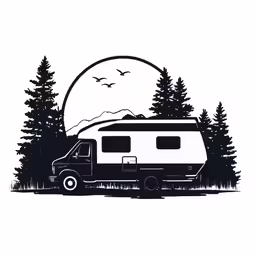 a camper truck in the grass with trees and birds