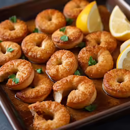 doughnuts are being cooked on a baking pan