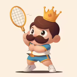 a cartoon of a boy in shorts and a crown holding a tennis racquet