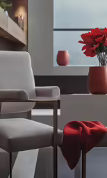 flowers are in vases on tables and a chair