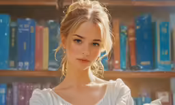 a young woman is posing in front of a bookshelf
