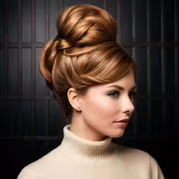 a woman with a very elegant bun with a large hair piece on top of her head
