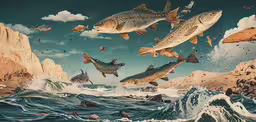 some big fish are in the water together,a group of fish that are flying in the air