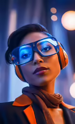 a woman wearing glasses with headphones on