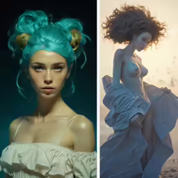 an underwater themed shoot shows two different photos one has a woman with green hair and the other is nude