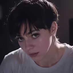 a woman with a messy hair has blue eyes
