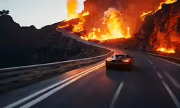 cars driving down a road in front of flames