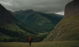 a man is in the mountains near a valley