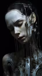the head and neck of a robotic woman with wires strung from her body,a futuristic humanoid that is holding her head