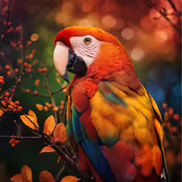 a brightly colored parrot sitting on top of a tree branch