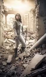 a woman standing on top of a rubble covered building