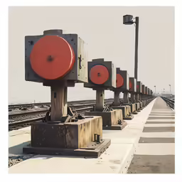 many different types of street lights and equipment in an empty area