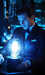 the man is holding a light that can be used as a lamp