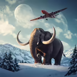 an airplane flies above two large animals on a snowy hill