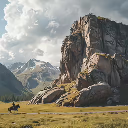 the rider rides her horse in the mountainside
