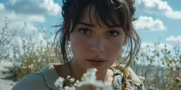 a pretty young lady holding flowers in her hand