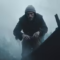 a man holding something out over a bunch of debris