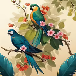 two birds perched on a branch near flowers and leaves