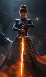 a woman in black dress holding a sword