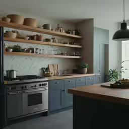 a kitchen area with stove and shelves on both sides