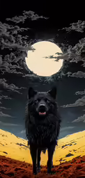 a large black dog standing on top of a grass covered field