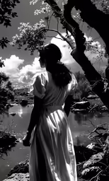 black and white photograph of woman dressed in white with trees in the background