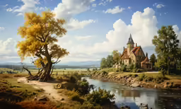 a painting of a house and a tree in a valley