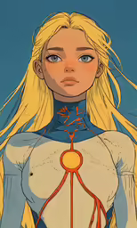 a cartoon character with blonde hair and blue skin