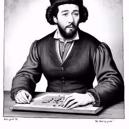 an old photo of a man sitting at a table
