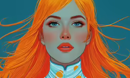 the orange hair of this digital drawing depicts a young girl with bright blue eyes and red, wavy hair
