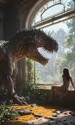 a girl sitting in front of a dinosaur statue