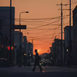 a man walks down a street with utility wires above