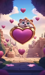 a little girl flying through the air in a heart shaped pillow