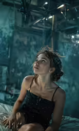 a woman sitting on top of a bed under water