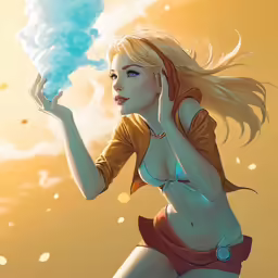 a cartoon girl blowing a blue cloud into the air