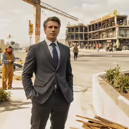 a man in a suit stands on the street