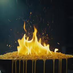 hot sauce dripping over a pan that is lit up
