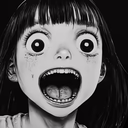 a black and white image of an girl with creepy eyes