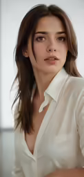 a woman with shoulder length brown hair is looking at the camera