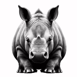 the rhino is staring intently at the camera