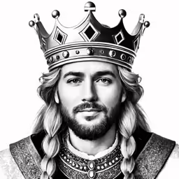 a black and white portrait of a man with long hair wearing a crown