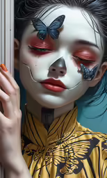 a young girl in makeup with butterflies painted on her face