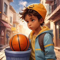 a boy standing in the street with a basketball in his hand