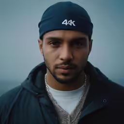 a man with a hat and shirt on, he looks into the camera