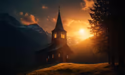 a church in a forest with mountains in the background